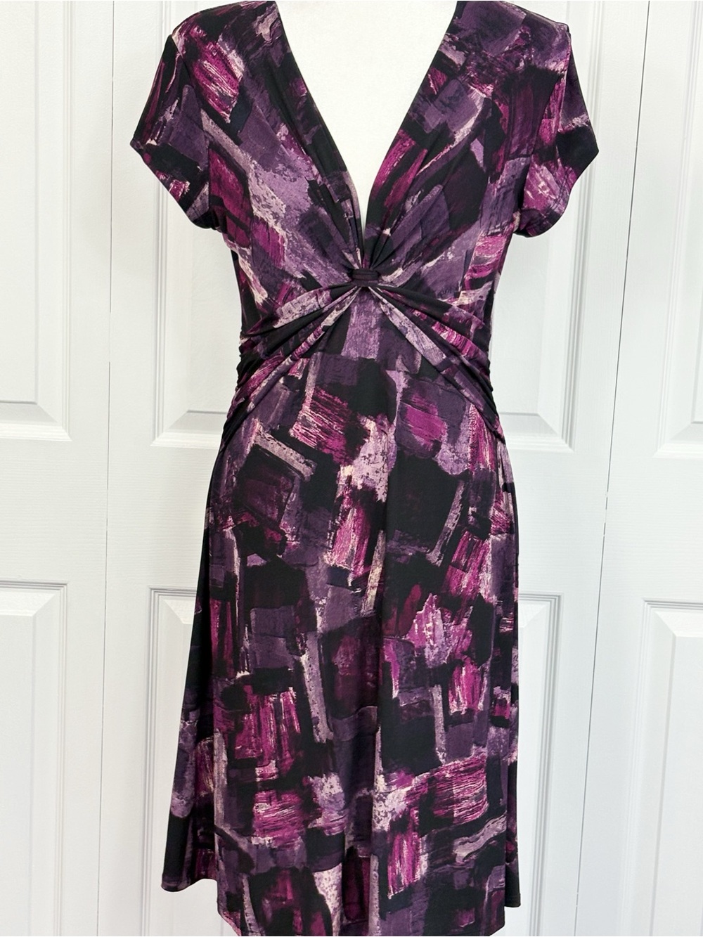 Connected Apparel Dark Purple Print V-Neck Twist Front A-Line Dress 10